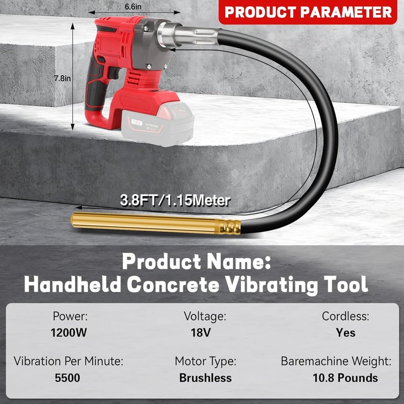 vokoroad Handheld Concrete Vibrating Tool for Milwaukee 20V Max Battery, Construction Insertion 5,000VPM Flexible Portable Cement Vibrator with 3.8FT Shaft Rod, Remove Air Bubble and Mix Concrete(No Battery) - Image 2